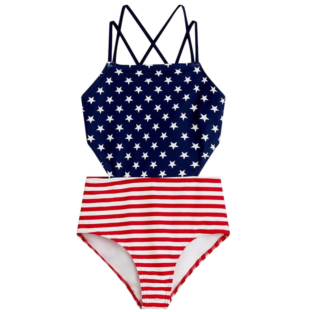 Kanu Surf Patriotic One Piece Swimsuit Stars Stripes Criss Cross‎ Back Size 12